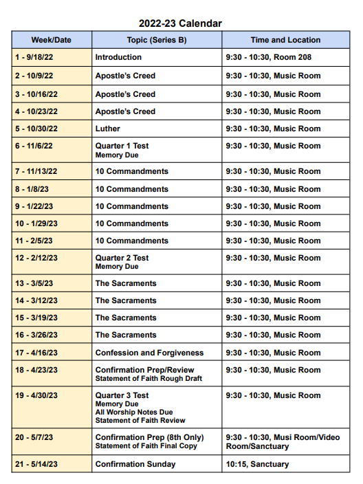 Confirmation Calendar 2023 – Faith Lutheran Church